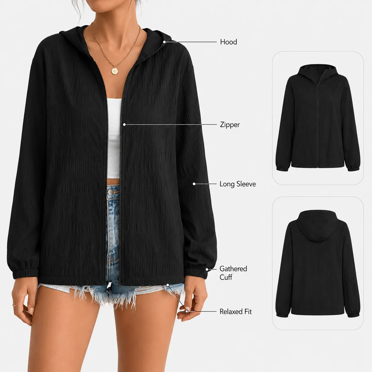 Women’s Lightweight Hooded Zip-Up Jacket, Crinkle Textured Long Sleeve Casual Summer Layering Windbreaker for Women