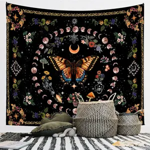 Bohemian Moon Phase Wall Hanging, Butterfly Floral Velvet Rug, Natural Plant Tapestry Starry Sky Pattern for Bedroom Aesthetic Home Dorm Decor 90gsm