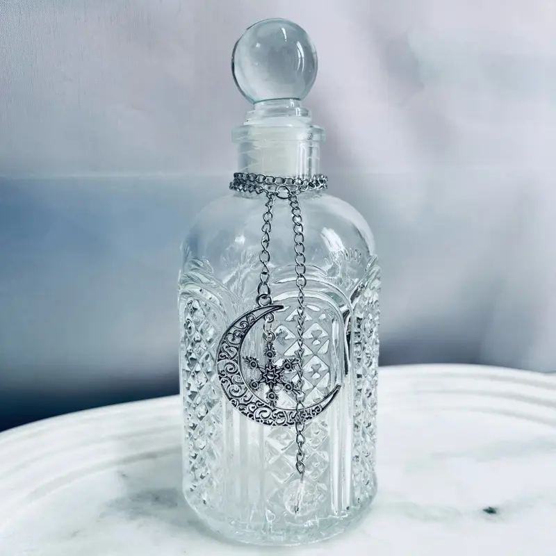 Winter Moon Antique Style Glass Snowflake Water Ritual Set - Celestial Moon Bottle – Decorative Lunar Glass Decor, Home Decor Gift with Clear Quartz Stone & Free Moon Magic Bundle Printables