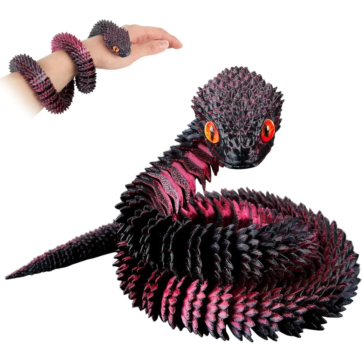 24-Inch 3D Printed Articulated Crystal Anaconda Snake Fidget Figurine - Home Decor Accessory, Modern Home Decoration, Interior Decoration Accessory, Office Executive Desk Ornament, Black Red