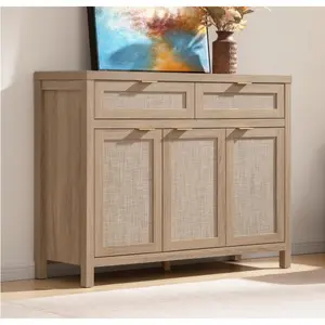 43" Rattan Sideboard Cabinet, with Storage, Buffet Cabinet with 3 Doors & 2 Drawers, Coffee Bar Cabinet with Adjustable Shelves, Boho Farmhouse Sideboard for Living Room, Hallway & Kitchen,