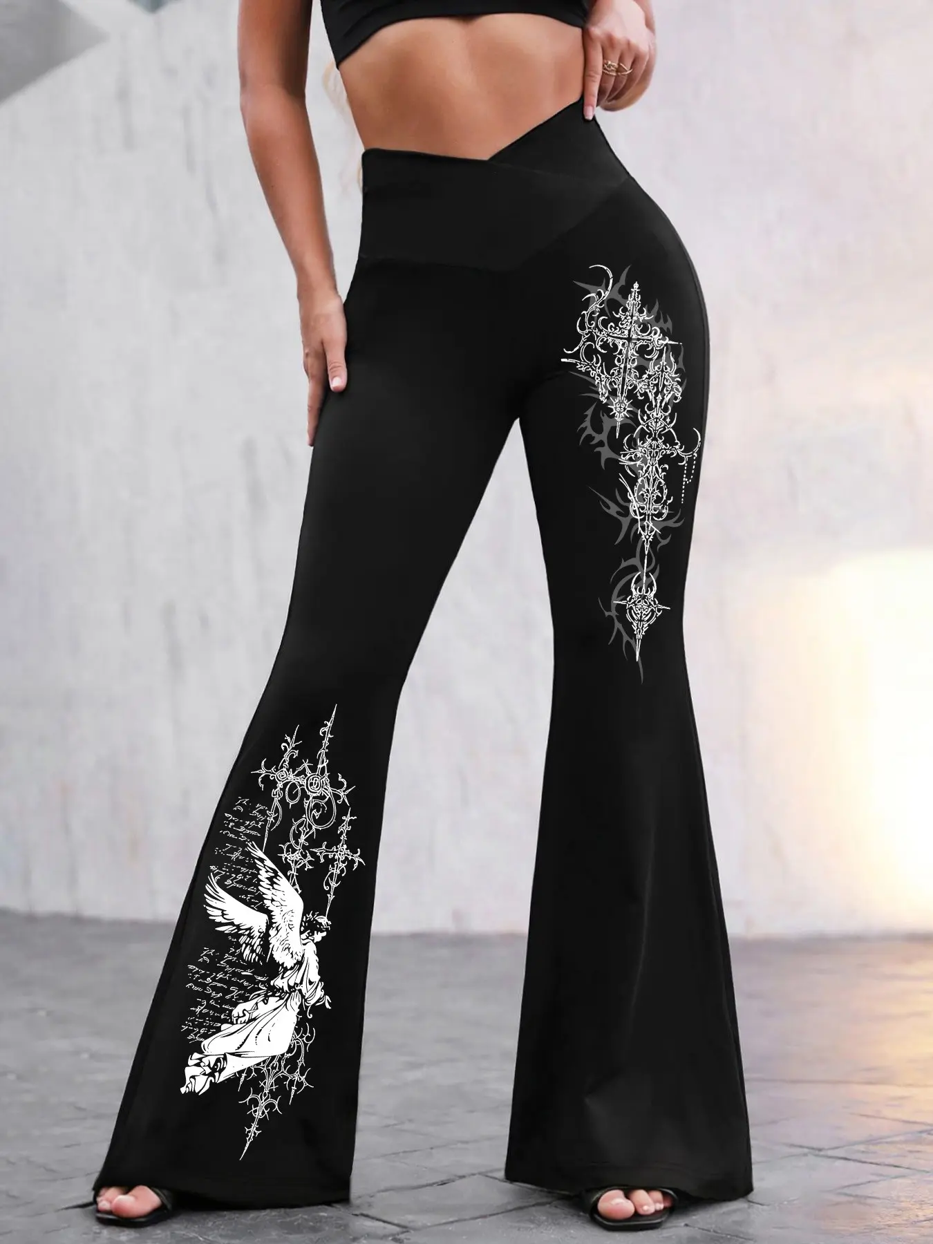 Women's High Waist Slim Fit Flare Pants, Cross Waist Design, Geometric Pattern, Comfortable Everyday Casual Trousers, Fashionable Daily Wear, Womenswear