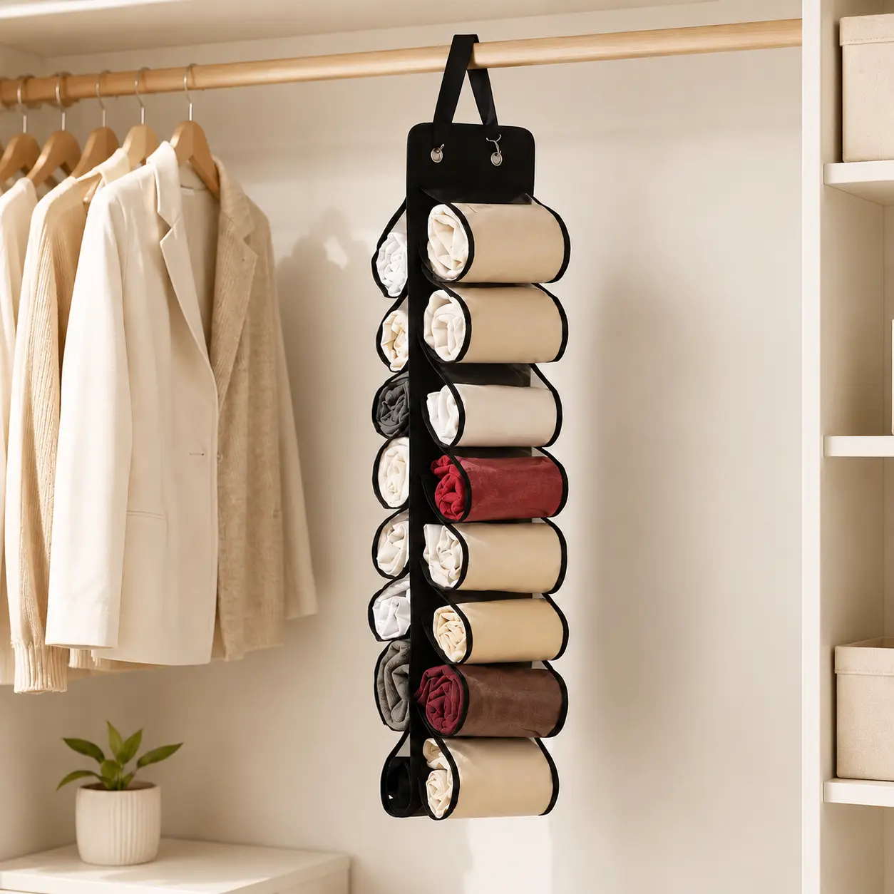 Double-Sided Hanging Closet Organizer with 16 Clear Pockets, Space-Saving Storage for Leggings, Yoga Pants, Underwear, T-Shirts and Accessories