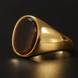 6 Colors Available - Minimalist Retro Golden Birthstone Ring - Unisex - Tiger's Eye/Turquoise - Casual Business Style - High-Quality Jewelry