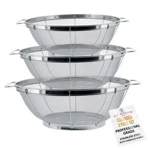 U.S. Kitchen Supply Set of 3 Stainless Steel Colander Strainers Net Baskets 5, 4, & 3-Quart - Colander with Handles & Resting Base - Stainless Steel Sieve, Mesh Strainers and Colanders for Kitchen