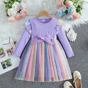 Baby Girl Sequin Mesh Dress Spring Autumn Kids Long Sleeve Clothes 1-5 Years Children Birthday Party Dress Fashion Rainbow Princess Dress