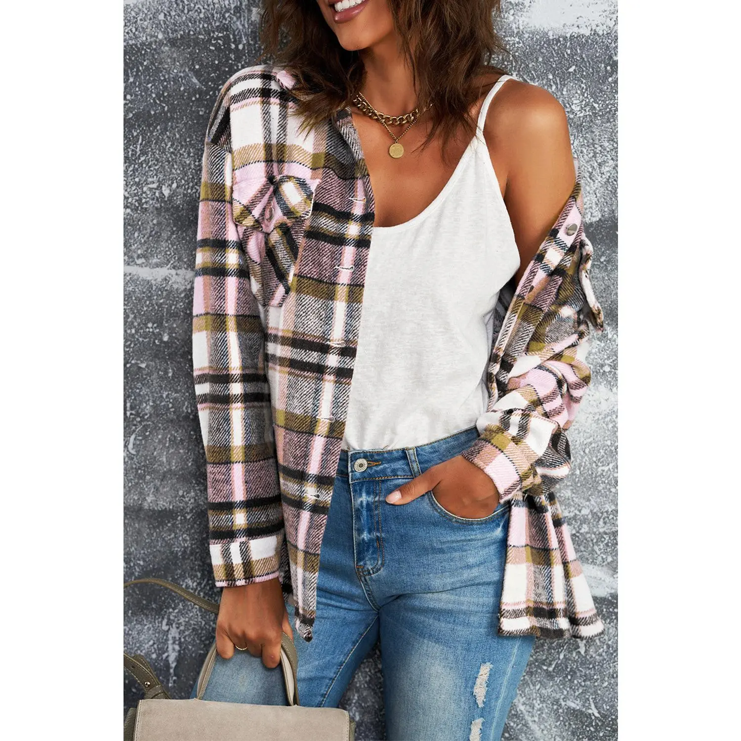 Flannel Button Up Long Sleeve Pink Plaid Shacket