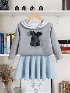 2-piece girls' fashionable college-style sets Girl Clothes School spring/autumn navy-collared long-sleeved top solid-colored skirt cute and elegant bow-tie sweater top short skirt, perfect for outings and play