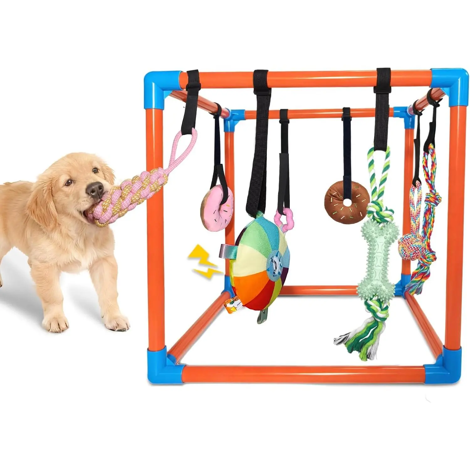 Puppy Play Gym with 8 Hanging Toys – Removable Dog Enrichment Playground, Indoor Jungle Gym & Activity Center for Small Dogs, Adjustable PVC Frame with Bungee Straps and Squeaky Toys