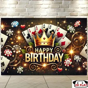 2D Flat Banner 1pc, Happy Birthday Poker Party Backdrop Banner -   Vibrant Royal Blue Golden Playing Cards & Crown Design, No Electricity Needed, Indoor/Outdoor Photography Background, General Fit Celebration Dec, Photo Backdrops