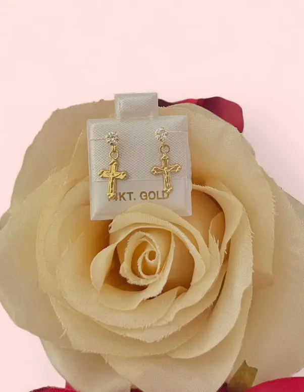 14k Gold Cross Rhinestone Earrings