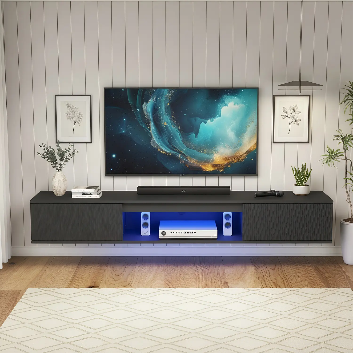 Floating TV Stand for 65+ Inch TV, Modern Wall Mounted Media Console with LED Lights, 63" Black Entertainment Center with Double Door Storage & Open Shelves, Cable Management for Living Room Bedroom, Led Tv Stands, Tv Shelf