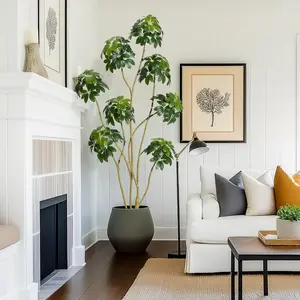 【Christmas Gift】6ft Tall Artificial Umbrella Tree Fake Indoor Plant with Multiple Trunks Faux Schefflera Tree in Decorative White Planter Real Touch Leaves Fruit Decoration Lightweight Moss