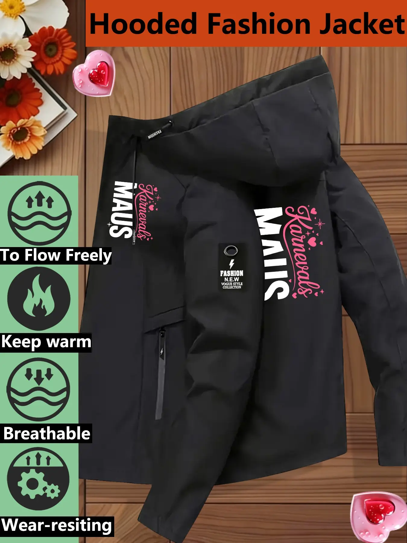 Women's Hooded Windbreaker Jacket Two Color Options MAUS Karnevals Cute Pink Print Stylish Eye-catching Oversized Fit Slimming Design Trendy Casual Breathable Lightweight Comfortable Outerwear Perfect for Daily Wear, Travel & Street Style