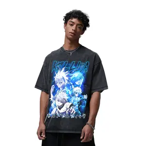 AAT. Killua Zoldyck Front-Print Round Neck Ribbed Thick Shortsleeve T-Shirt - Hunter x Hunter Graphic Anime Menswear Top, Oversized Acid-Washed Soft Cotton Unisex Casual Streetwear Gift for Anime Fans, Tshirt