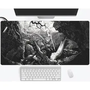 Fallen Angels Gothic Art Desk Mat, Black and White Horror Gaming Mousepad, Dramatic Heaven and Hell Scene for Gamers and Artists