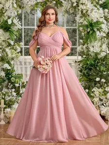 Elegant Plus Size V Neck Backless Chiffon Dress, Sleeveless Ruched Front, A-Line Bridesmaid Gown, Pure Color Party Dress