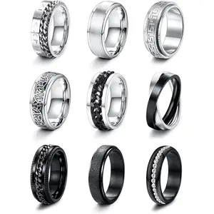 FLORIDECO 9 Pcs Stainless Steel Rings for Men & Women - Beveled Edges, Fidget Rings Set, Size 7-13, Black Band, Cool Spinner Rings