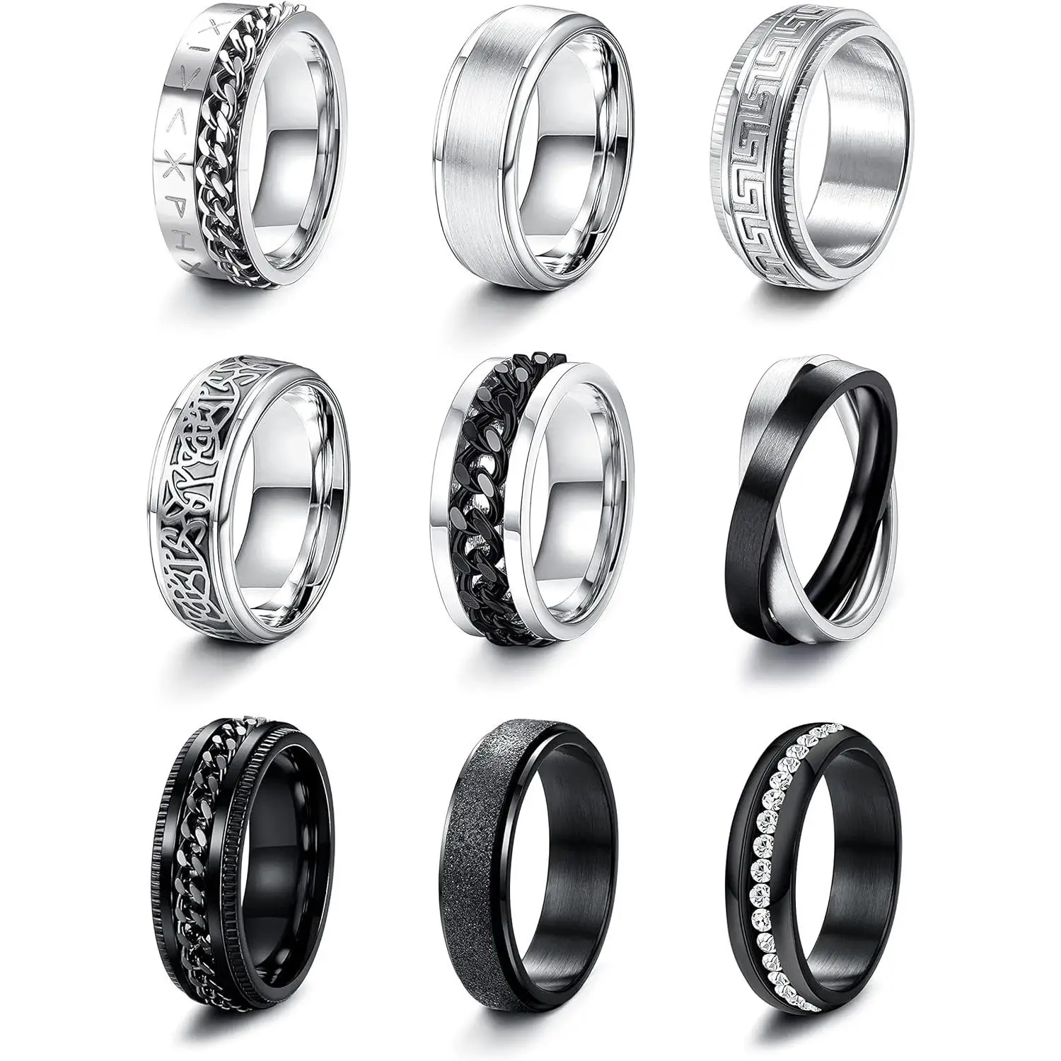FLORIDECO 9 Pcs Stainless Steel Rings for Men & Women - Beveled Edges, Fidget Rings Set, Size 7-13, Black Band, Cool Spinner Rings