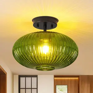 Vintage Glass Semi Flush Mount Ceiling Light, 11.8 Inch Green Glass Hallway Light fixtures Ceiling, Gold Semi Flush Mount Ceiling Light for Kitchen, Entry Way, Bedroom, Bathroom, Porch
