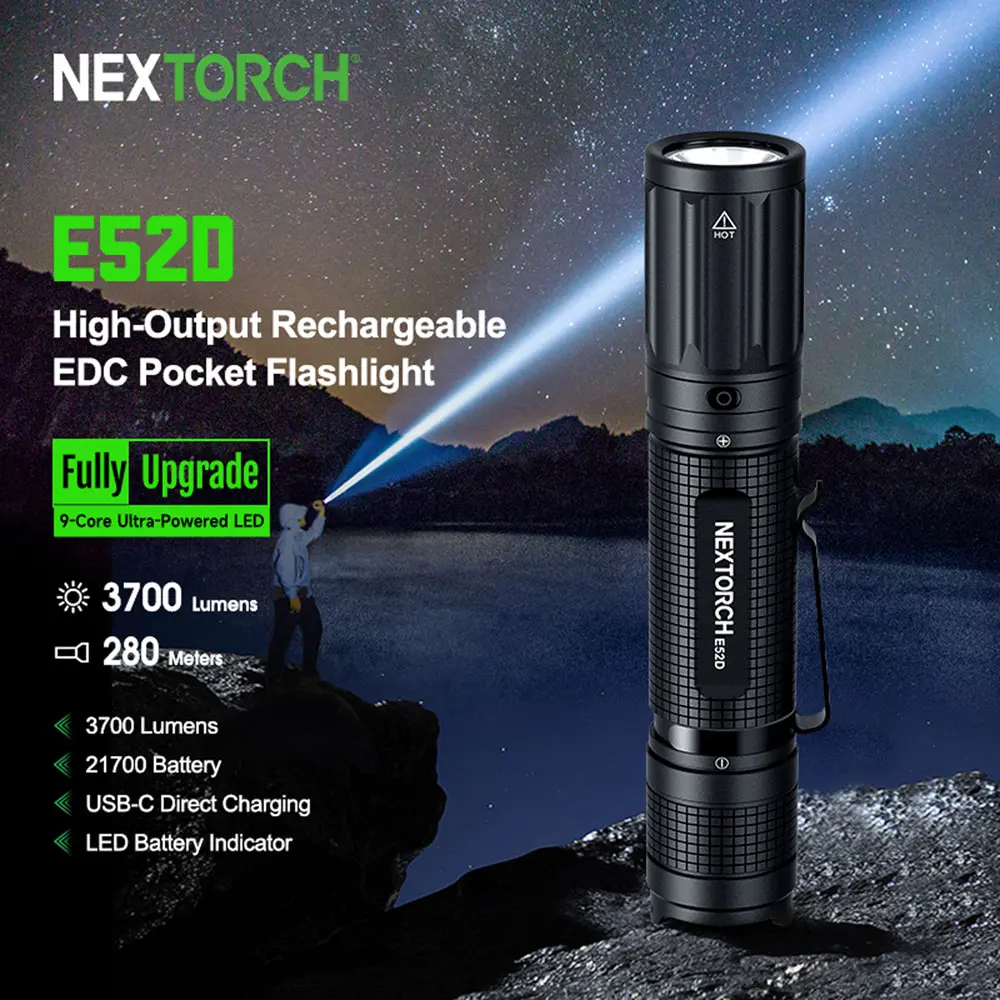 NEXTORCH E52D Rechargeable High-Output Portable Compact LED Light, Lithium Ion Batteries Powered EDC Pocket Tactical Flashlight for Camping, Hiking, Space-Saving, Adventure Torches, Pocket Flashlight Torches, Ultra-Bright High Power Torches