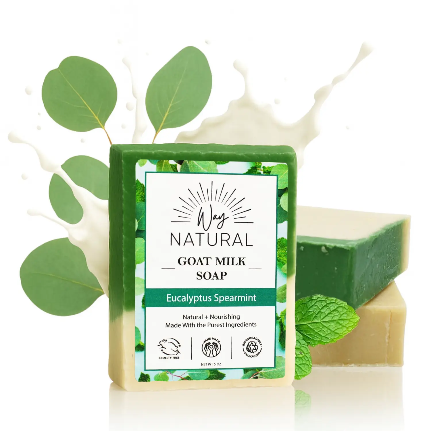 3 Large Eucalyptus Spearmint Goat Milk Soap Bars | Way Natural | 5 oz Bars | 100% REAL RAW GOAT MILK | Moisturizing Hand & Body Natural Soap | Nourishing and Long Lasting | Made is USA