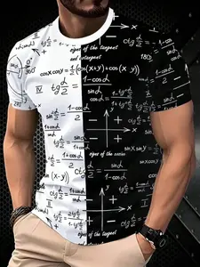 Men's 3D Fashion Short Sleeve T-Shirt, Math Formula Design, Round Neck, Casual Fitted Style, All-Season Comfort, No Zipper, No Collar