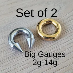Set 2 Silver Gold Horseshoe Spike Cone Hinged Clicker Ring Surgical Steel 2g 4g 6g 8g 10g 12g 14g septum stretching piercing kit big gauge