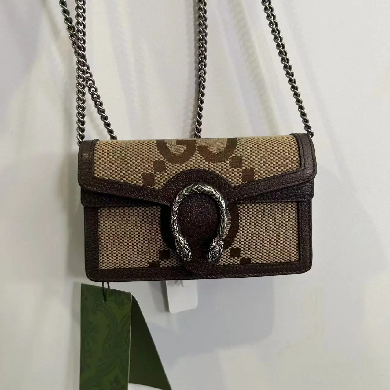 Pre-owned GUCCI Dionysus Super Mini Fashion Crossbody Handbag Jumbo GG Canvas, Brown Leather, Silver Hardware, Elegant Bag, Evening Purse, Everyday Bag