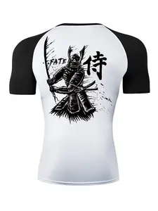 Japanese Samurai Print Short Sleeve Compression Shirt for Men, Summer Athletic Quick Drying Breathable T-shirt, Gym Workout Running Rash Guard Undershirt Baselayers Activewear Sportswear