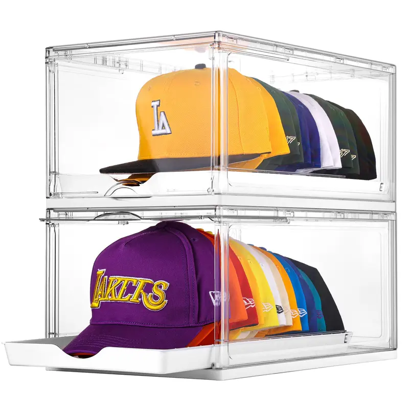 【New Arrrival】Vtopmart Hat Organizer for Baseball Caps,clothing with Clear Holder Box, Large Cap Storage with Sliding Tray, Stackable Rack Display Case & Magnetic Door, New Year Hauls