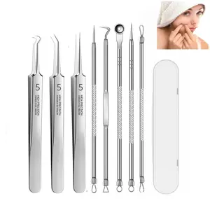 Stainless Steel Acne Needle Blackhead Removal Tool Double Head Blackhead Extractor for Skin Imperfection Facial - Set of Eight - Silver