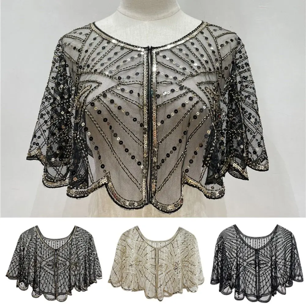 Vintage 1920s Flapper Shawl Sequin Cape Gatsby Party Dress Accessory Gift Fringe Detachable Stylish Daily Stunning Glamorous Love Romantic Fashion Adjustable Promise Stacking Anniversary Sparkling Trendy Zircon