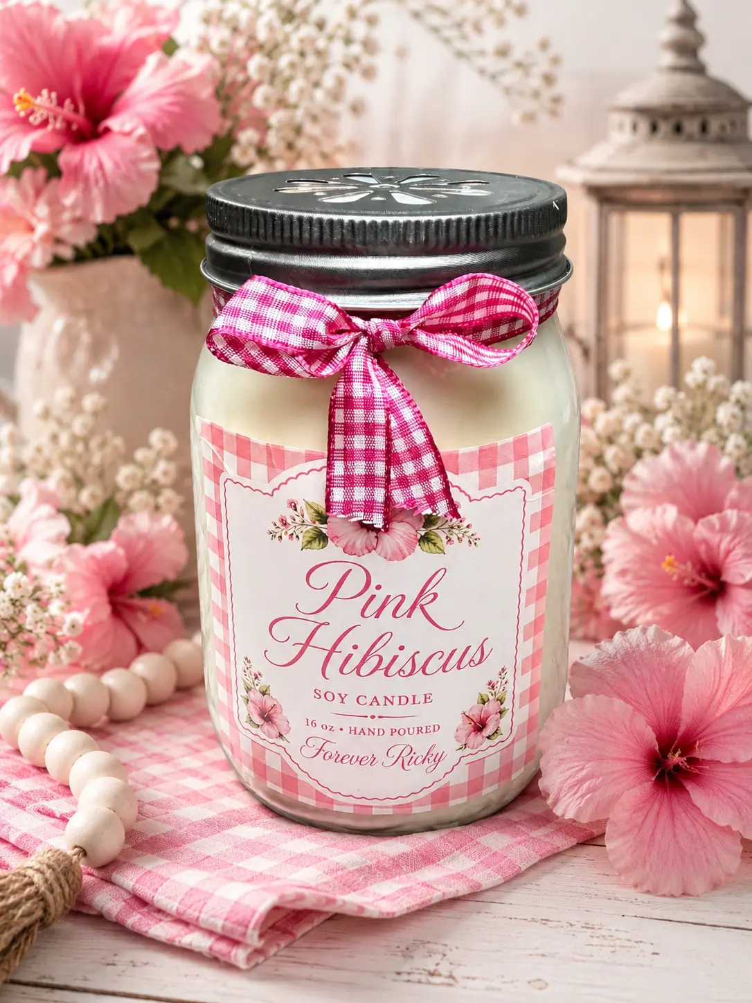 Pink Hibiscus Scented Soy Candle- 16 oz. Hand Poured Mason Jar Candle