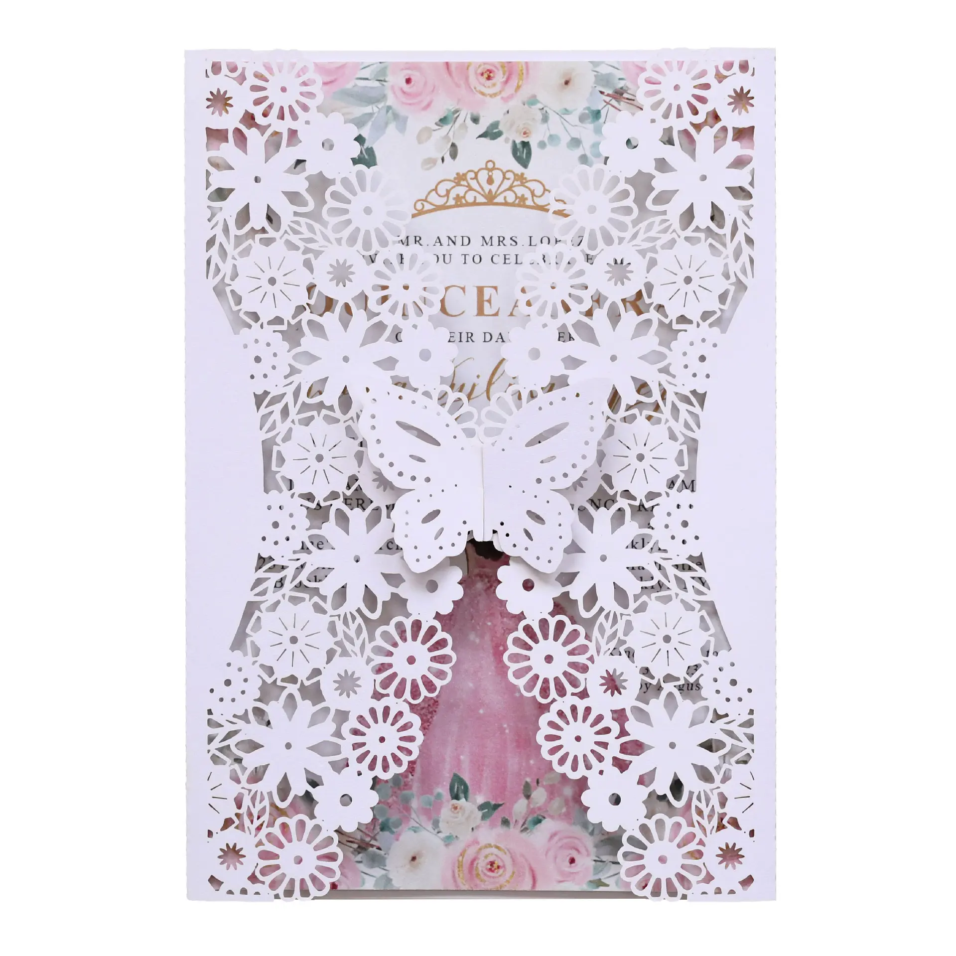 Wedding & Valentine's Day Romantic Rose-Theme Invitation Card with Hollow 3D Butterfly Buckle