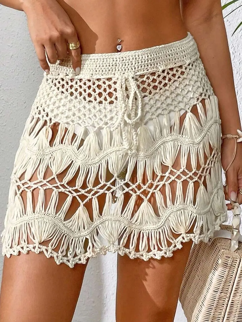 Crochet Beach Cover Up Skirt - Drawstring Waist Summer Essential for Women
