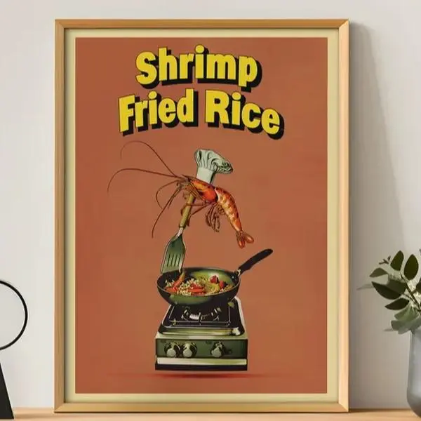 Shrimp Fried Rice Funny Retro Print for Kitchen Vintage Bar Wall Decor Andy Warhol Pop Art Style Whimsical Seafood Poster for Man Cave Decor