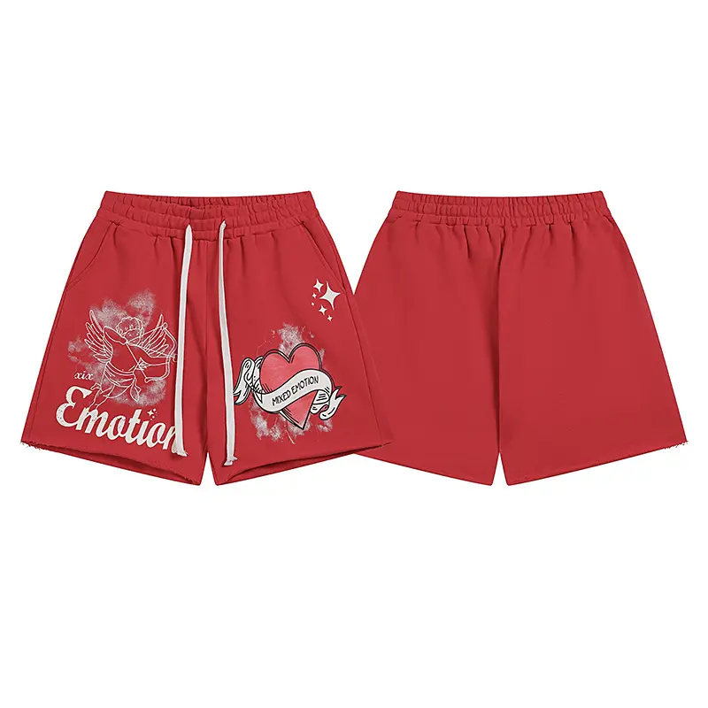 Y2K MIXED EMOTION 100% Cotton Certified Cupid Heart Graphic Shorts Raw Hem Red Mens Standard Fit