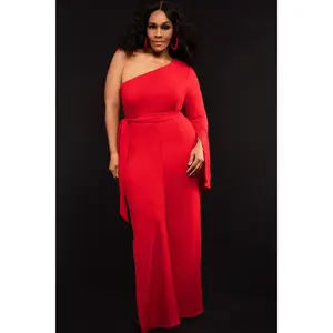 Red One Shoulder Belted Jumpsuit - Plain Summer Women's Flare Open Sleeve Overalls Fabric Soft