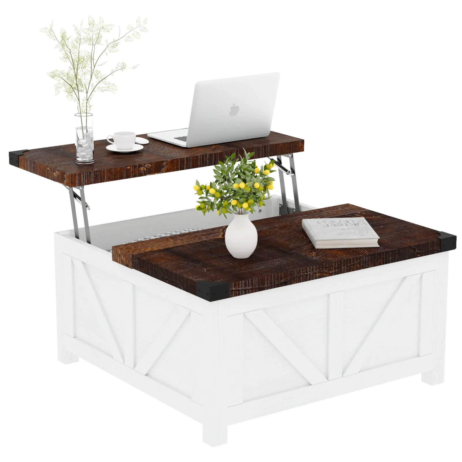 Farmhouse Lift Top Coffee Table with Storage, Living Room Central Table with Large Hidden Space, Wood Square Center Table with Charging Station & USB Ports for Living Room, Home Office