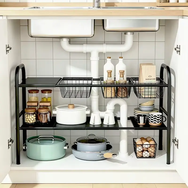 Functional 2-Tier Expandable Under Sink Organizer - Adjustable Cabinet Shelf with 5 Removable Panels, 5 Baskets, Kitchen Household Products for Kitchen, Bathroom Storage Rack