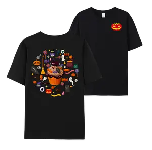 Halloween-themed Black Short-sleeve T-shirt, Creative Top with Jack-o'-lantern, Ghost, Skull, Witch Hat, Candy, and Cupcake Prints