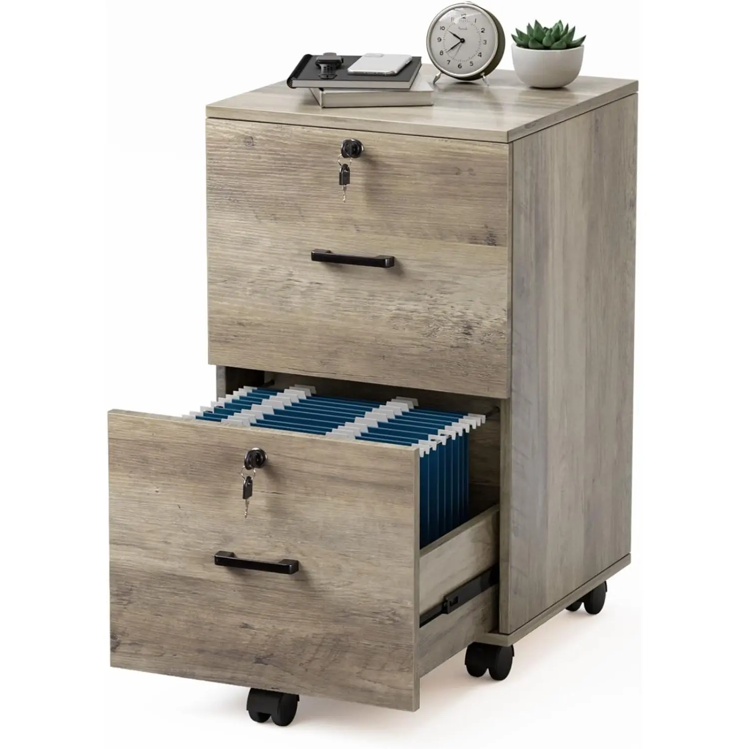 VINGLI 2 Drawer File Cabinet with Lock, Wood Rustic Gray File Cabinet for Letter Size File Folders with Tabs, Under Desk Rolling File Cabinets for Home Office, Mobile Filing Cabinet Printer Stand