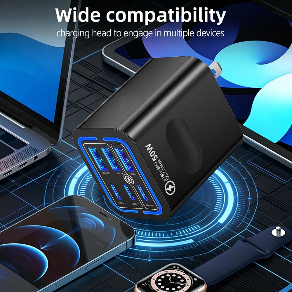 KAXOE 2pcs 50W 3 Type-C + 3 USB 6 Ports Mobile Phone Fast Charging Adapter USB Type C QC 3.0 Qiuck Charge Adapter Travel Charger Wall Charger for iPhone 17 Pro Max 16 15 14 13 12 for Samsung