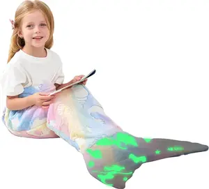 Kids Mermaid Tail Blanket - Mermaid Tail Blankets Glow in The Dark - Flannel Mermaid Blanket Gifts for Girls - Luminous Star Super Soft Tie Dye Girls Toys - Multicolor Star 17"×39"