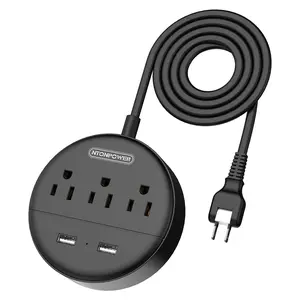Flat Plug Power Strip with USB Ports, NTONPOWER Nightstand Desktop Charging Station with 5/10/15/25ft Short Extension Cord, Wall Mount, 3 Outlet and 2 USB, Small Size for Travel Home Office Dorm Room, Black