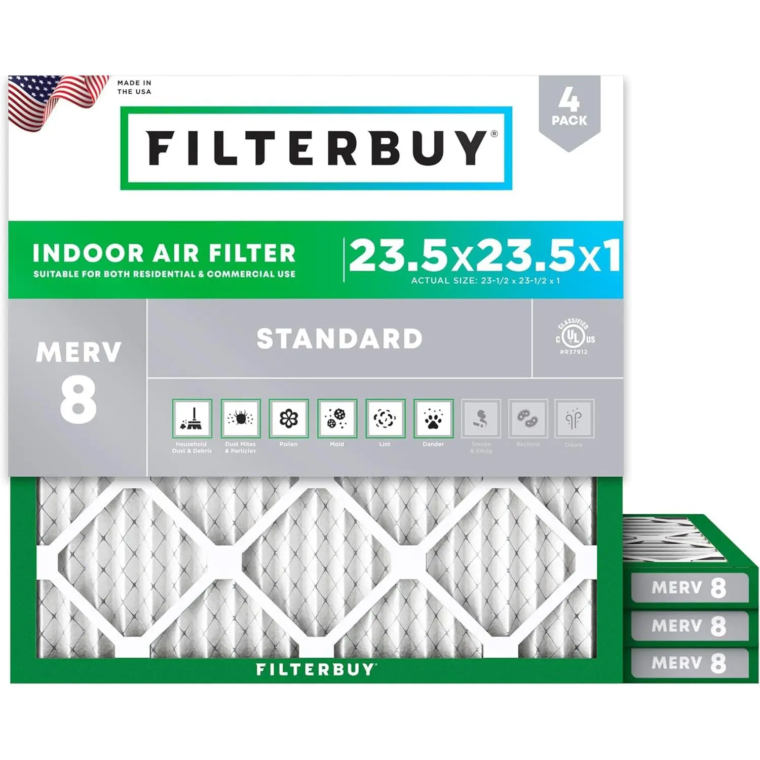 Filterbuy Household HVAC AC Furnace Air Filter (4-Pack) - 23.5x23.5x1 In, Pleated MERV 8 Rating, Electrostatic Charge Eco-Friendly Dust Defense, Replacement
