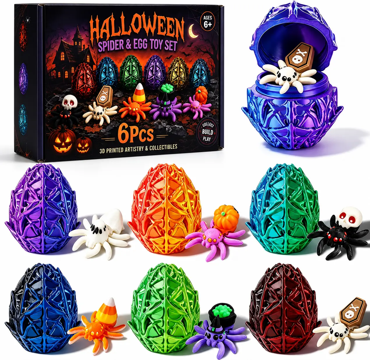 6-Pack Halloween 3D Printed Hatching Spider Egg Toys - Unique Growing Pet Spiders for Kids, Party Favors, Classroom Prizes summer, back to school, halloween ,thanksgiving , christmas gifts for kids