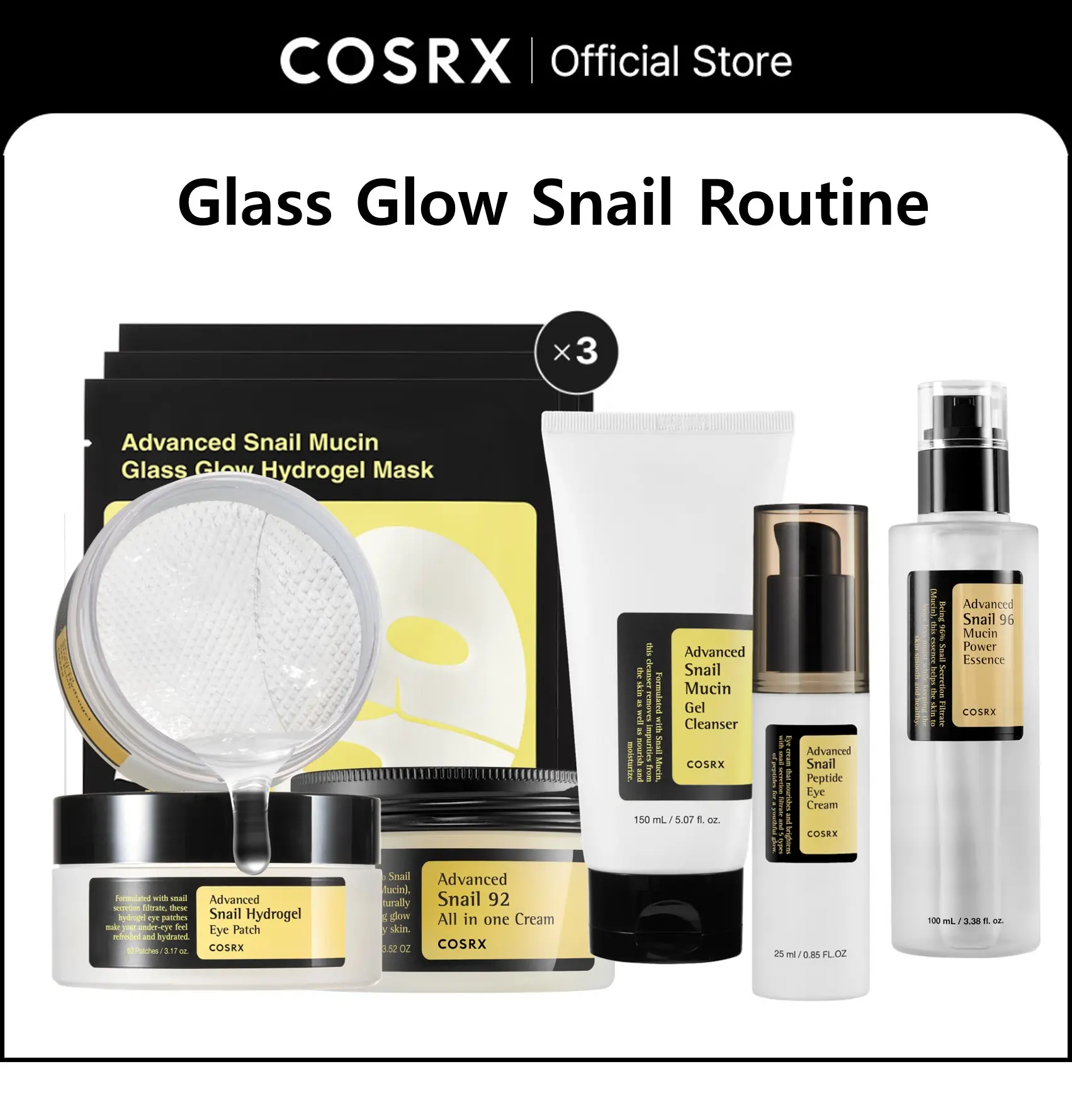 [COSRX Official] Glass Glow Snail Routine  | Snail Mucin Essence + Cream + Cleanser + Eye Patch + Eye Cream + Hydrogel Mask All in One Set!
