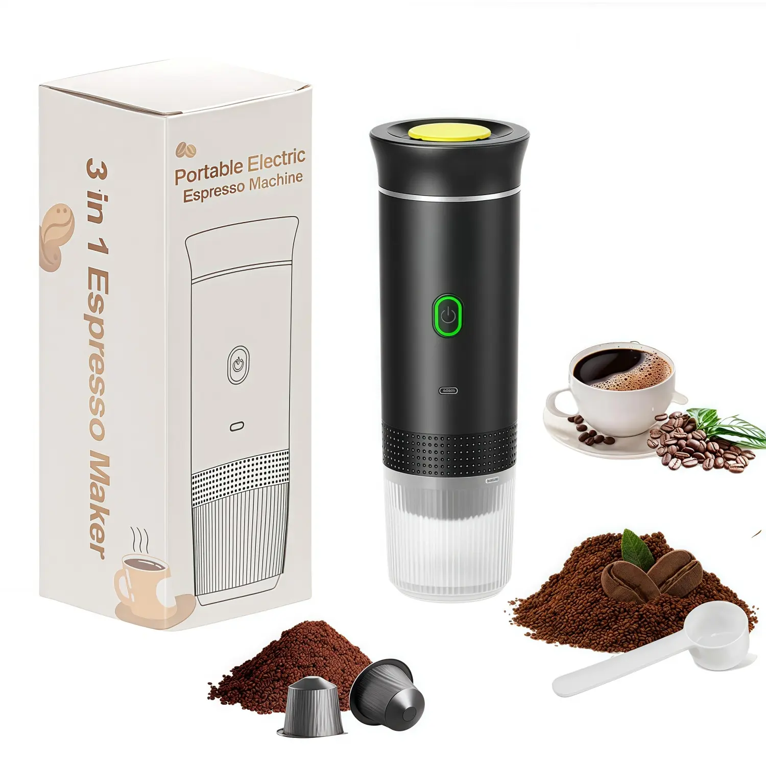 Portable Electric Espresso Machine 3 in 1 USB Rechargeable Coffee Maker for Capsules & Powder Easy Clean Tools with 7500mAh Battery & Anti-Dry Burning Protection
